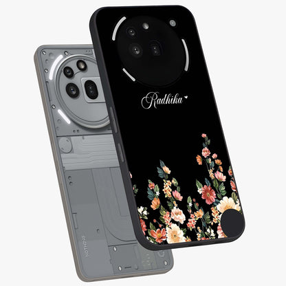 Floral Design With a Custom Personalized Name Glass Case displayed in angled mockup highlighting elegant floral pattern with custom name feature.