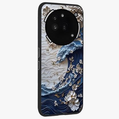 Floral Wave Origami Glass Case upright view showcasing creative floral origami artwork with artistic decorative theme.