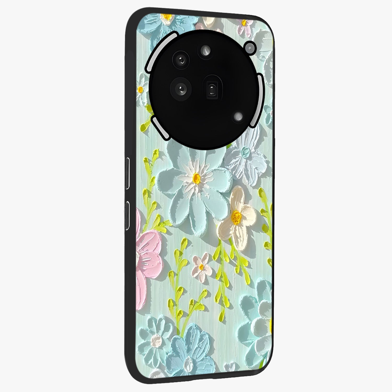 Frosted Petal Garden Glass Case upright view showcasing elegant floral garden artwork with soothing pastel theme.
