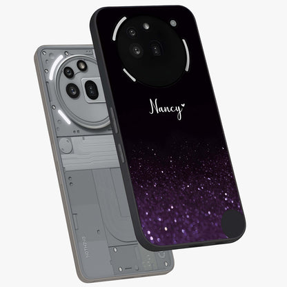 Glittery Purple Bokeh Custom Name Glass Case displayed in angled mockup highlighting glitter bokeh pattern with custom name feature.