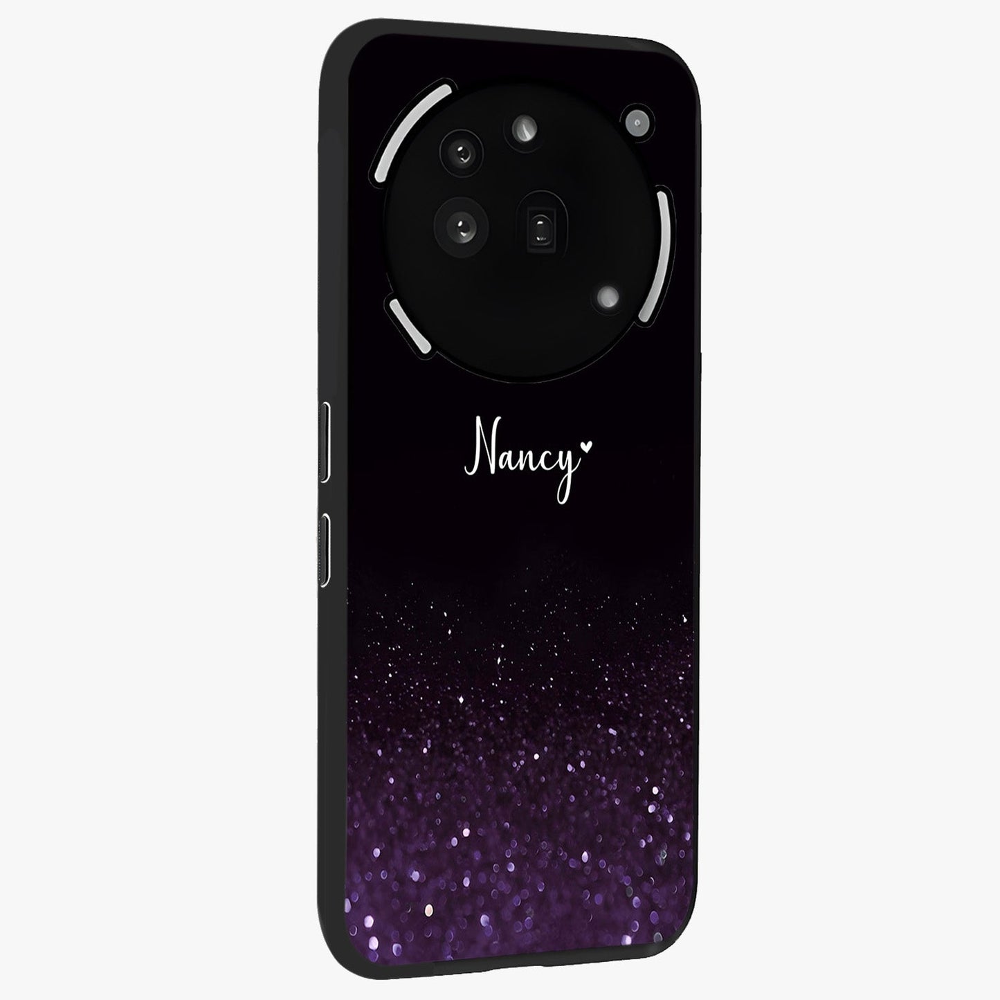 Glittery Purple Bokeh Custom Name Glass Case upright view showcasing vibrant purple sparkle artwork with personalized aesthetic style.
