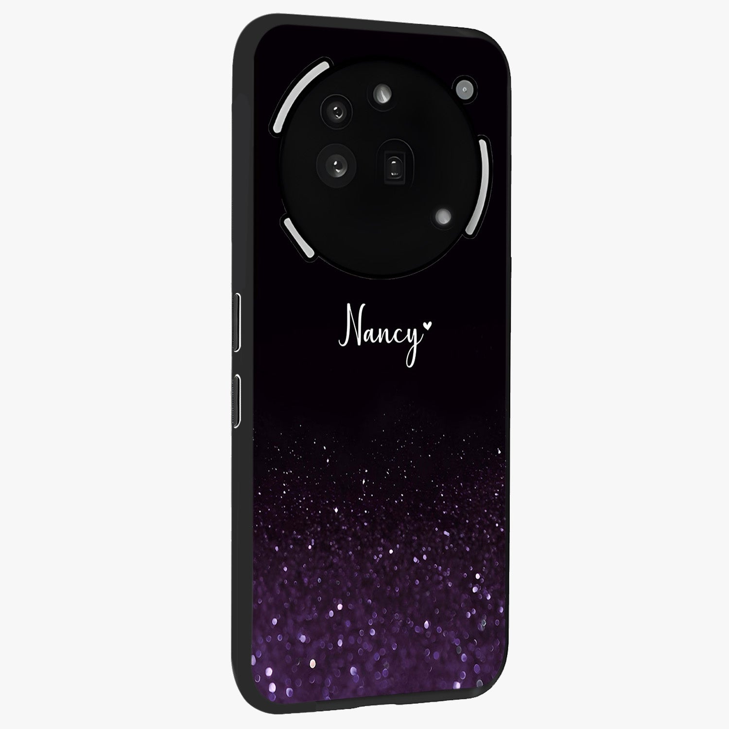 Glittery Purple Bokeh Custom Name Glass Case upright view showcasing vibrant purple sparkle artwork with personalized aesthetic style.