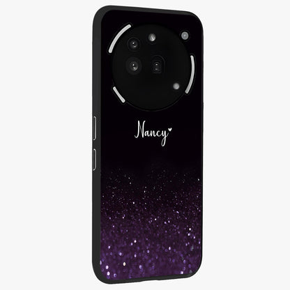 Glittery Purple Bokeh Custom Name Glass Case upright view showcasing vibrant purple sparkle artwork with personalized aesthetic style.