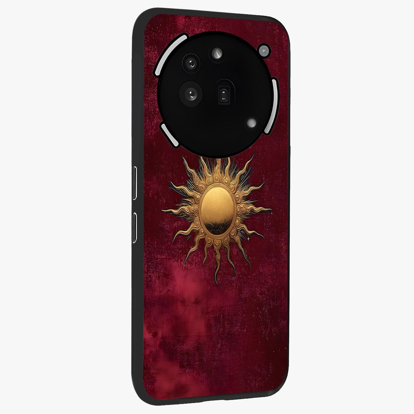 Golden Sun Minimalism Glass Case upright view showcasing simple golden sun artwork with elegant minimalist style.