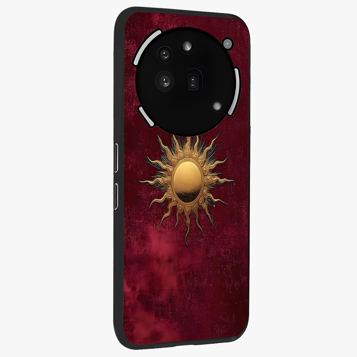 Golden Sun Minimalism Glass Case upright view showcasing simple golden sun artwork with elegant minimalist style.