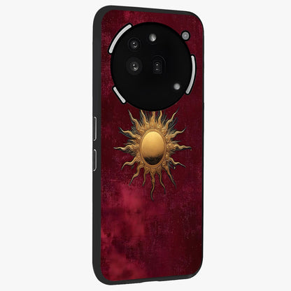 Golden Sun Minimalism Glass Case upright view showcasing simple golden sun artwork with elegant minimalist style.