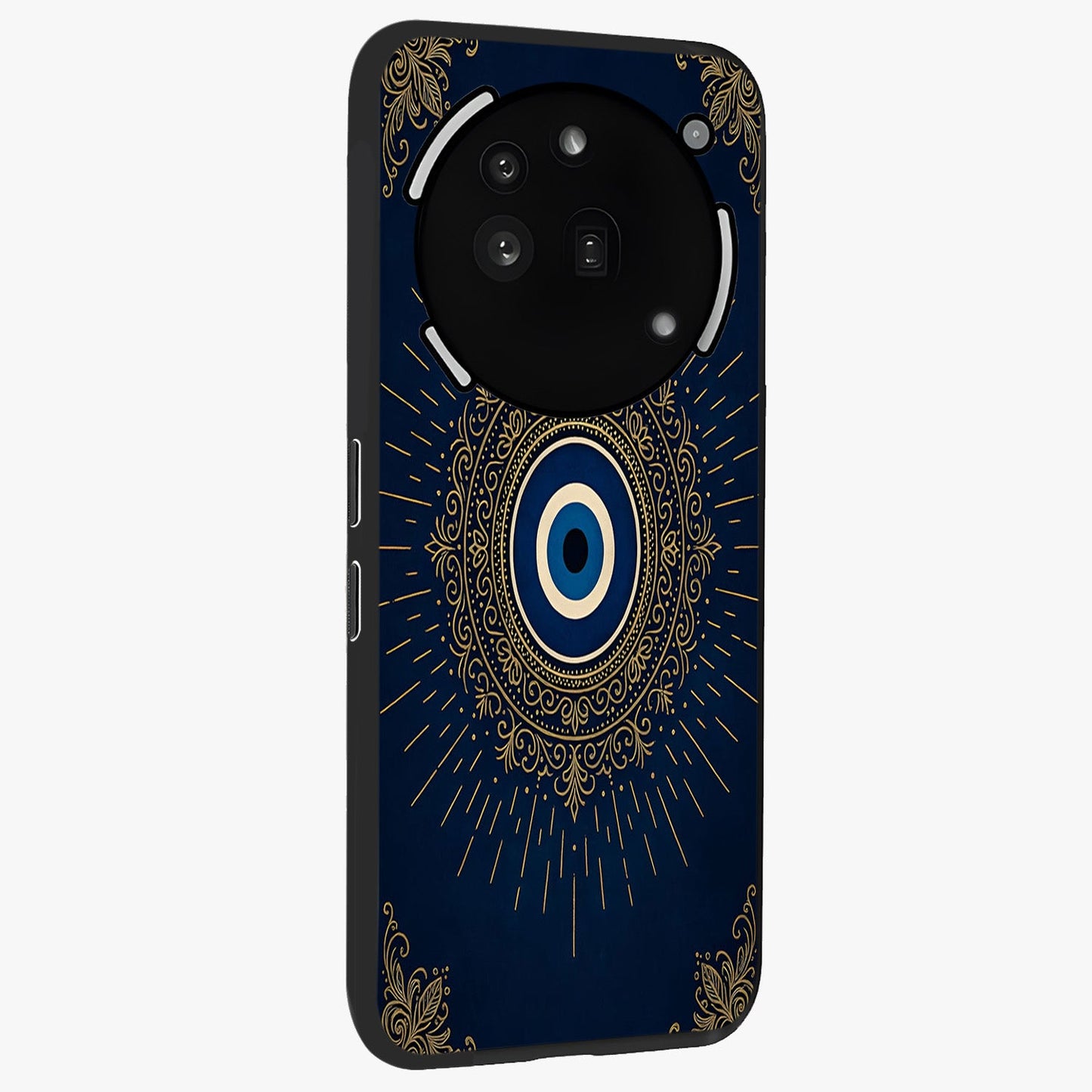Golden Celestial Charm Glass Case upright view showcasing radiant celestial artwork with elegant golden theme.