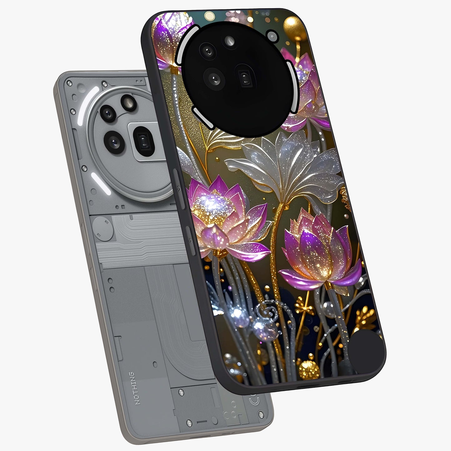 Golden Floral Majesty Glass Case displayed in angled mockup highlighting elegant flower design with royal golden aesthetic.