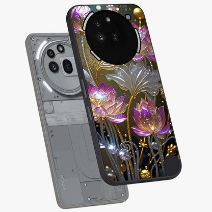 Golden Floral Majesty Glass Case displayed in angled mockup highlighting elegant flower design with royal golden aesthetic.