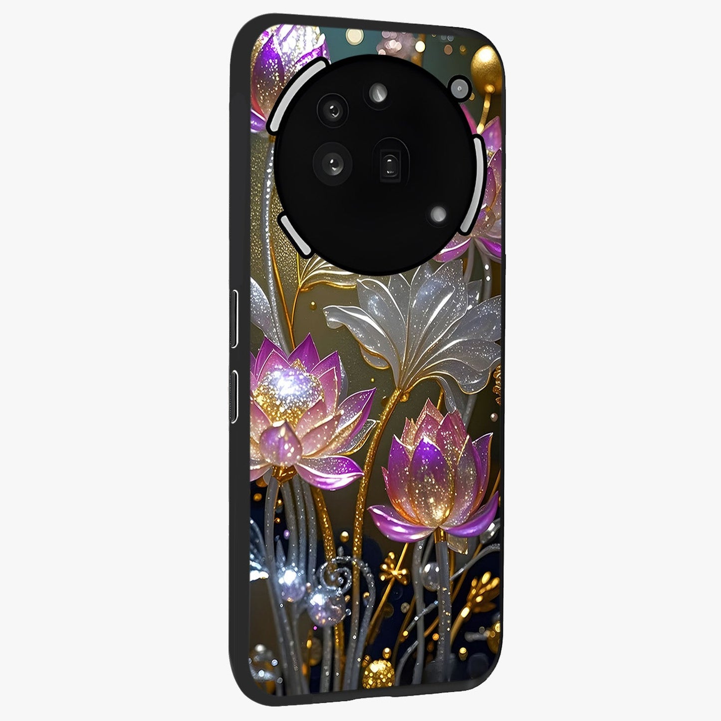 Golden Floral Majesty Glass Case upright view showcasing majestic floral artwork with rich decorative theme.