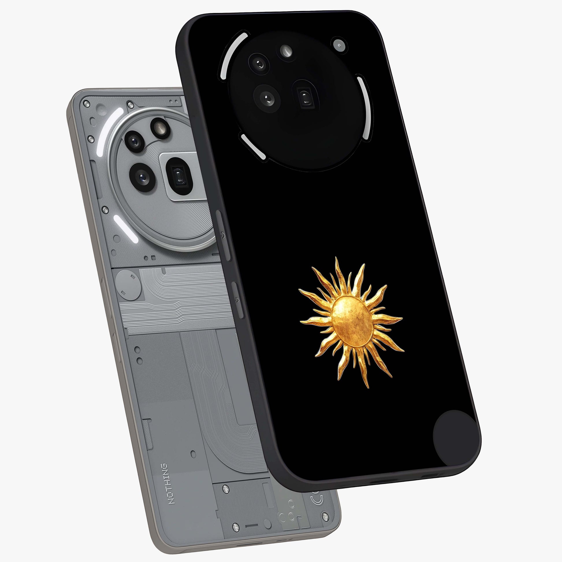 Golden Sun Minimalism Glass Case displayed in angled mockup highlighting eerie shadow illustration with gothic aesthetic.
