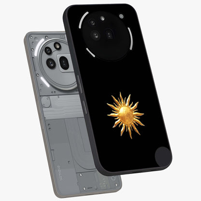 Golden Sun Minimalism Glass Case displayed in angled mockup highlighting eerie shadow illustration with gothic aesthetic.