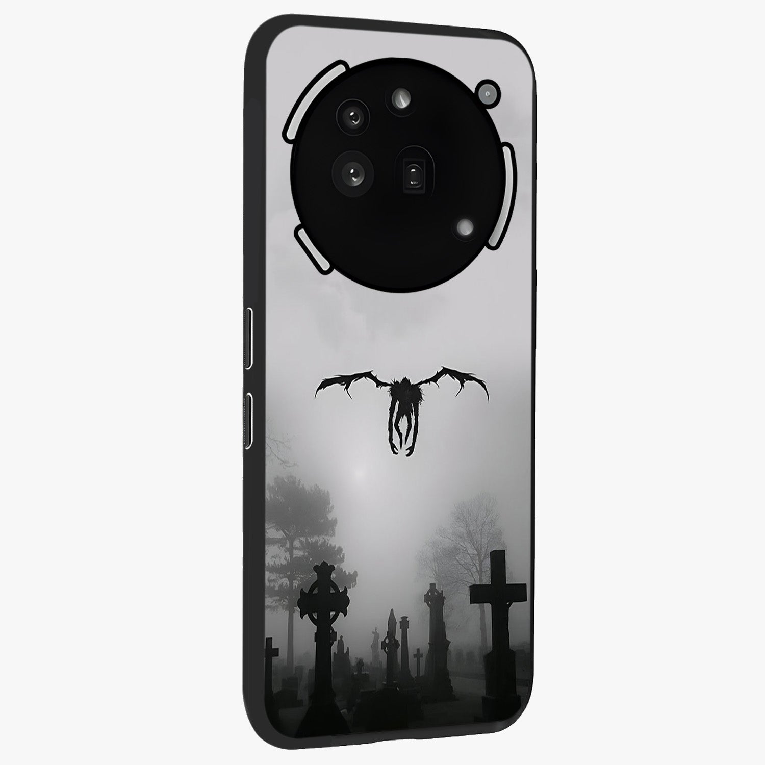Graveyard Shadow Descent Glass Case upright view showcasing haunting graveyard artwork with dramatic dark theme.