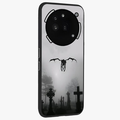Graveyard Shadow Descent Glass Case upright view showcasing haunting graveyard artwork with dramatic dark theme.