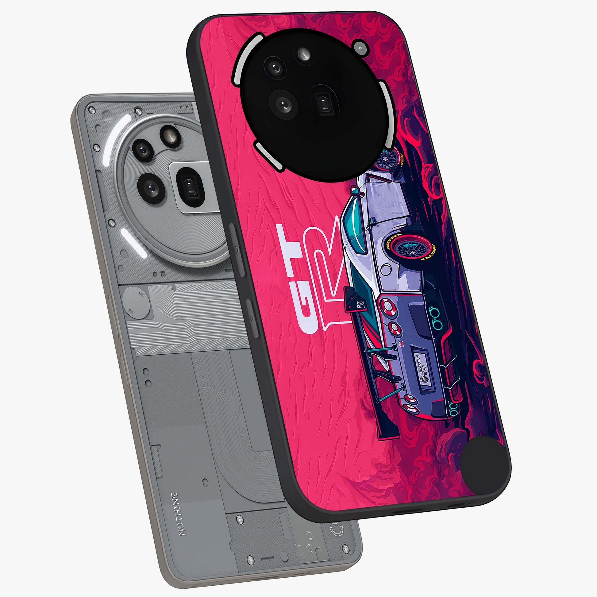 GT-R Car Pattern Glass Case displayed in angled mockup highlighting racing car graphic design with bold automotive aesthetic.