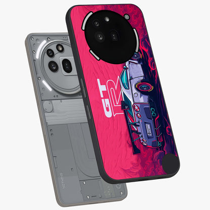 GT-R Car Pattern Glass Case displayed in angled mockup highlighting racing car graphic design with bold automotive aesthetic.