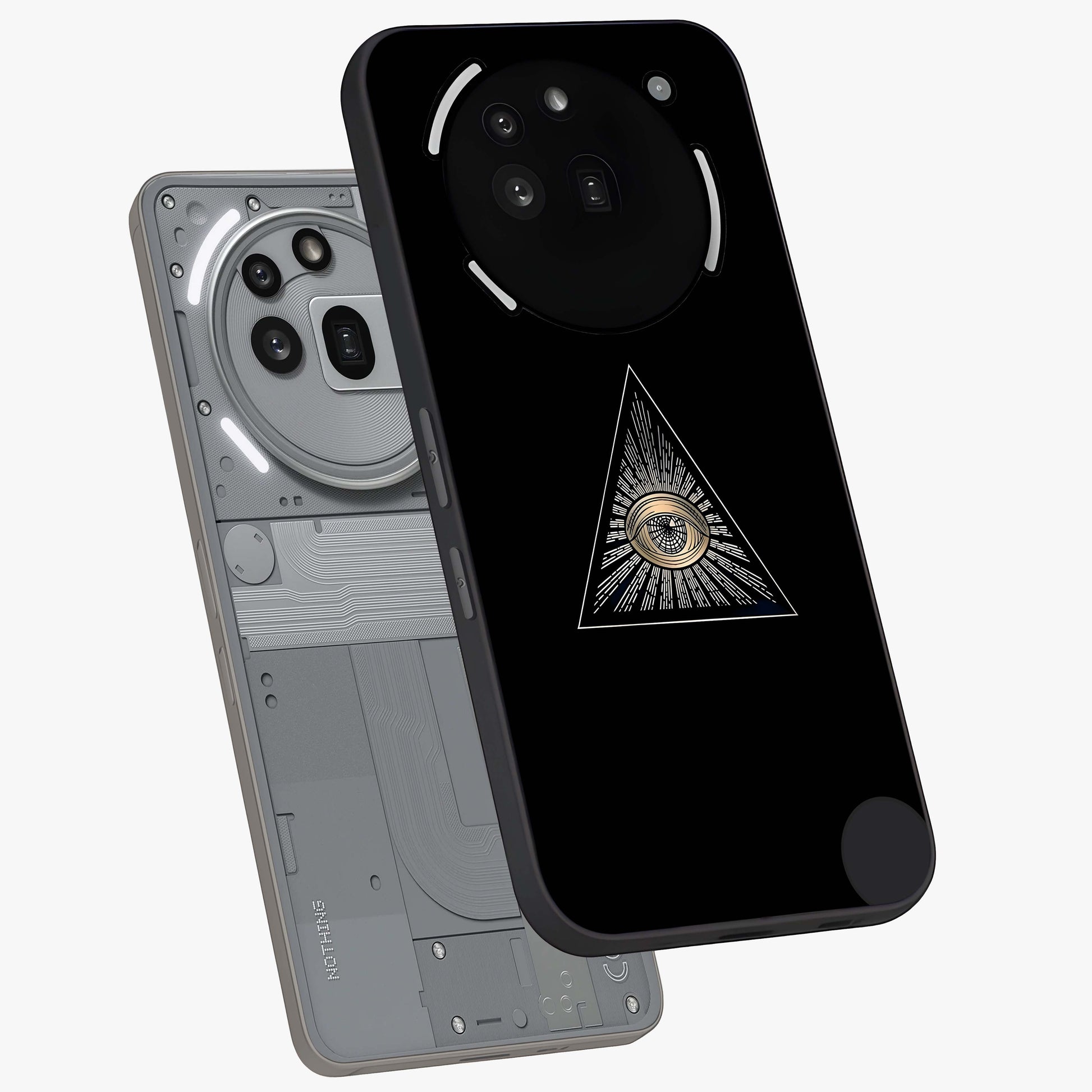 Illuminati Evil Glass Case displayed in angled mockup highlighting dark occult inspired design with bold aesthetic style.