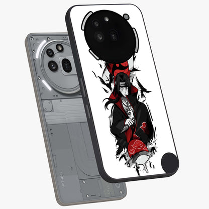Itachi Limited Edition Naruto Anime Glass Case displayed in angled mockup highlighting dramatic anime illustration with bold action aesthetic.