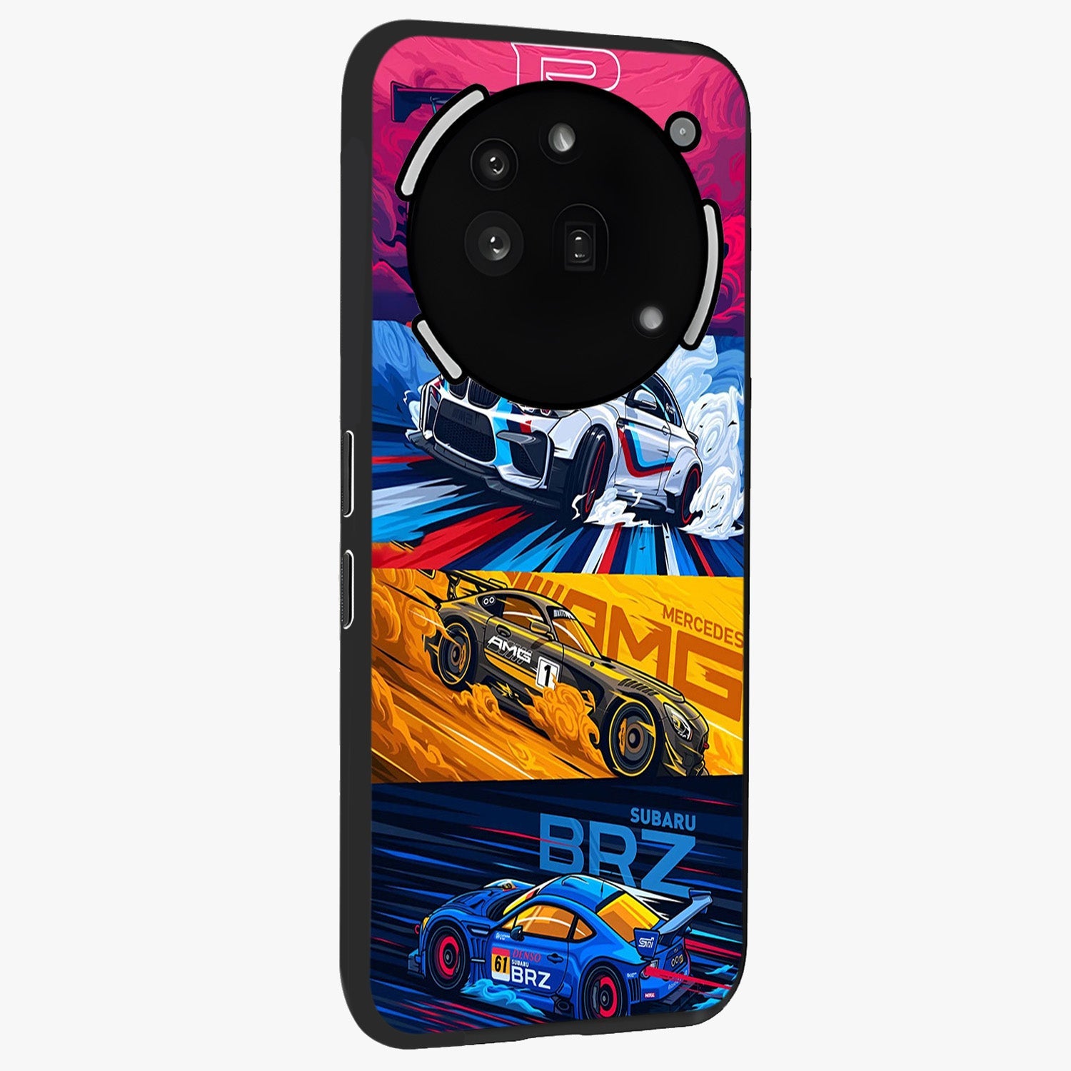 JDM Sports Car Glass Case upright view showcasing dynamic sports car artwork with bold racing theme.