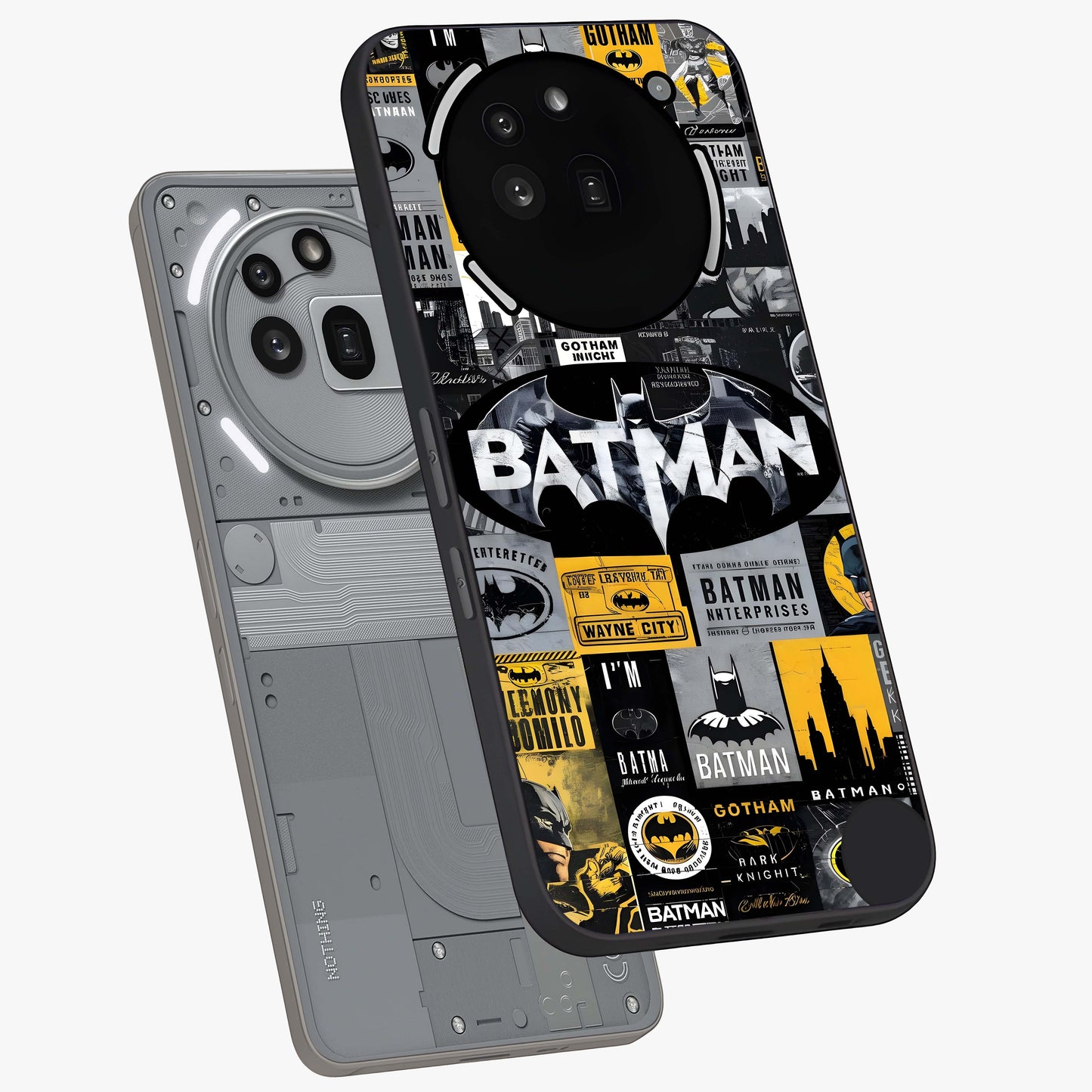 Knight Gotham Rise Glass Case displayed in angled mockup highlighting powerful knight silhouette design with dramatic aesthetic.