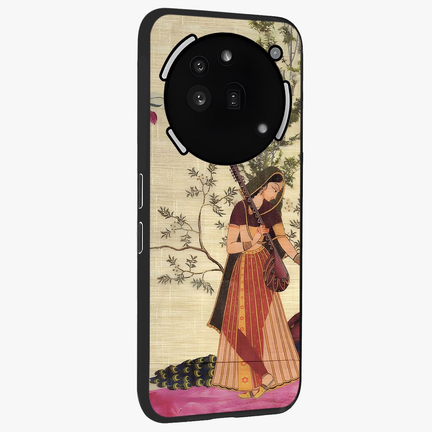 Lady With Veena Art Glass Case upright view showcasing classical veena artwork with traditional artistic theme.