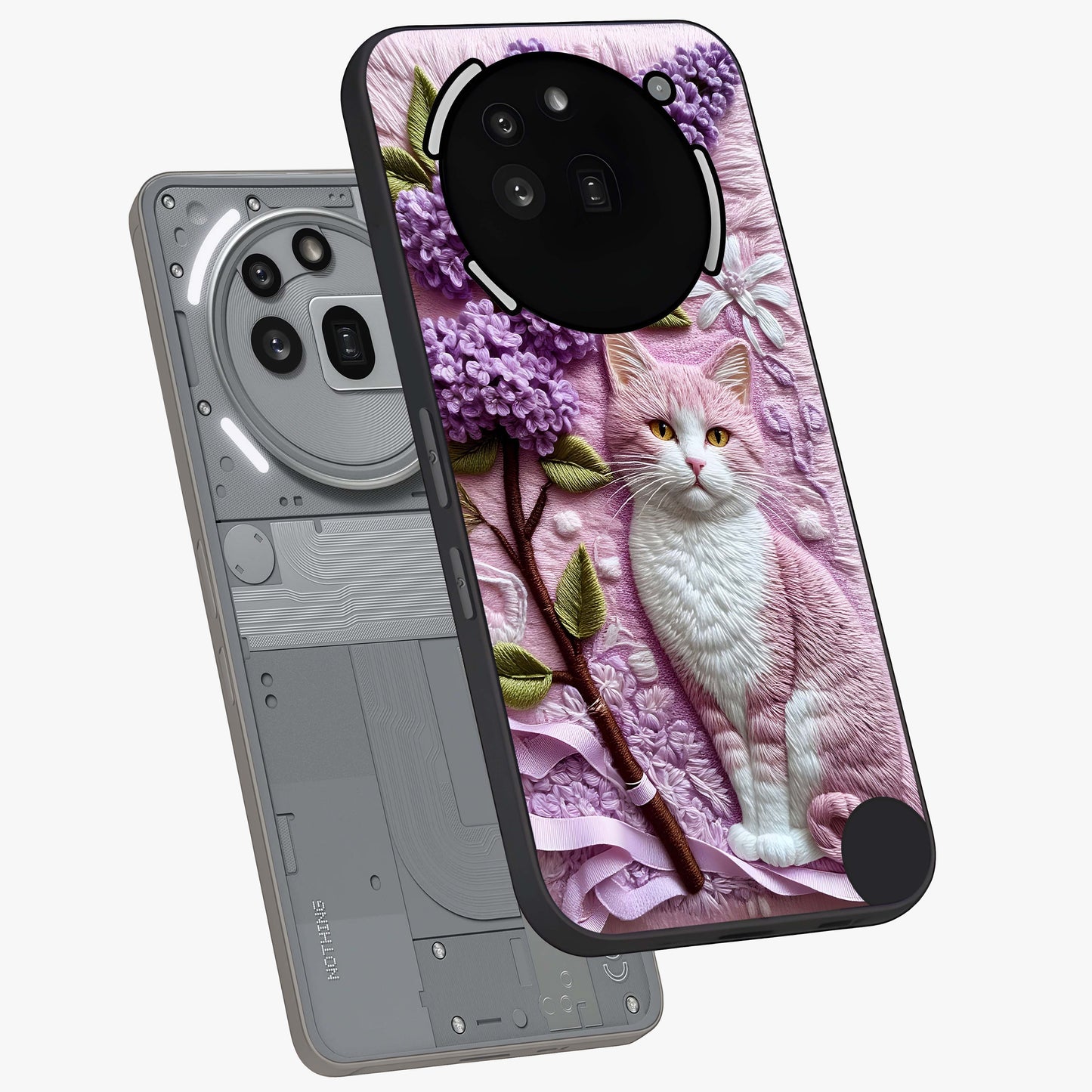 Lavender Cat Whimsy Glass Case displayed in angled mockup highlighting playful feline illustration with pastel lavender aesthetic.