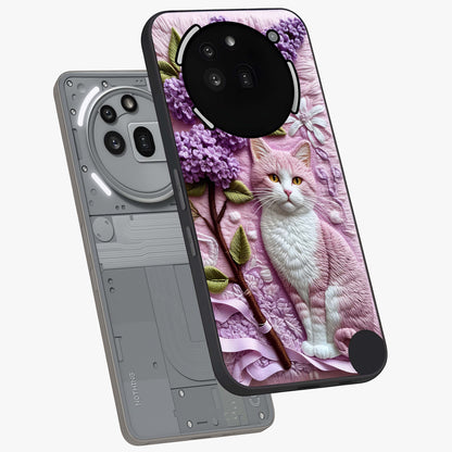 Lavender Cat Whimsy Glass Case displayed in angled mockup highlighting playful feline illustration with pastel lavender aesthetic.