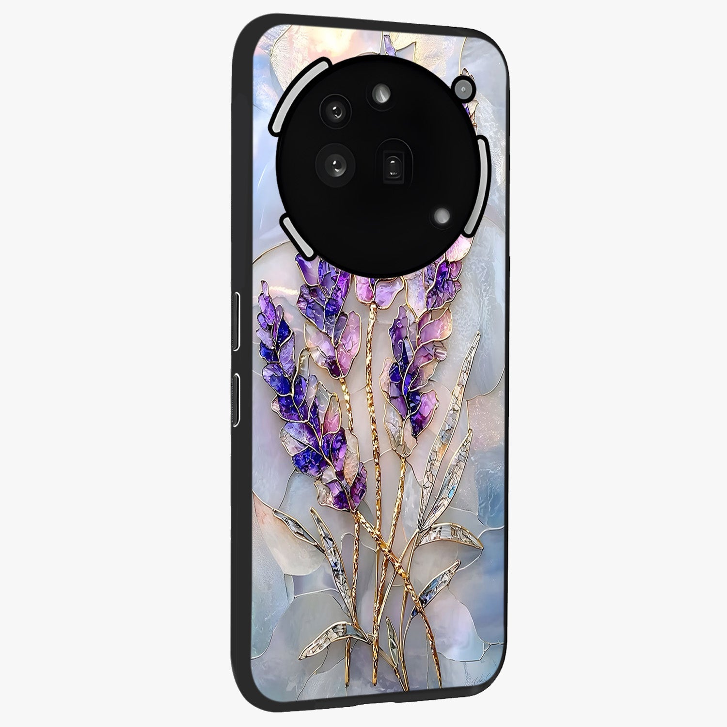 Lavender Dream Glow Glass Case upright view showcasing radiant lavender glow artwork with calming dreamy theme.
