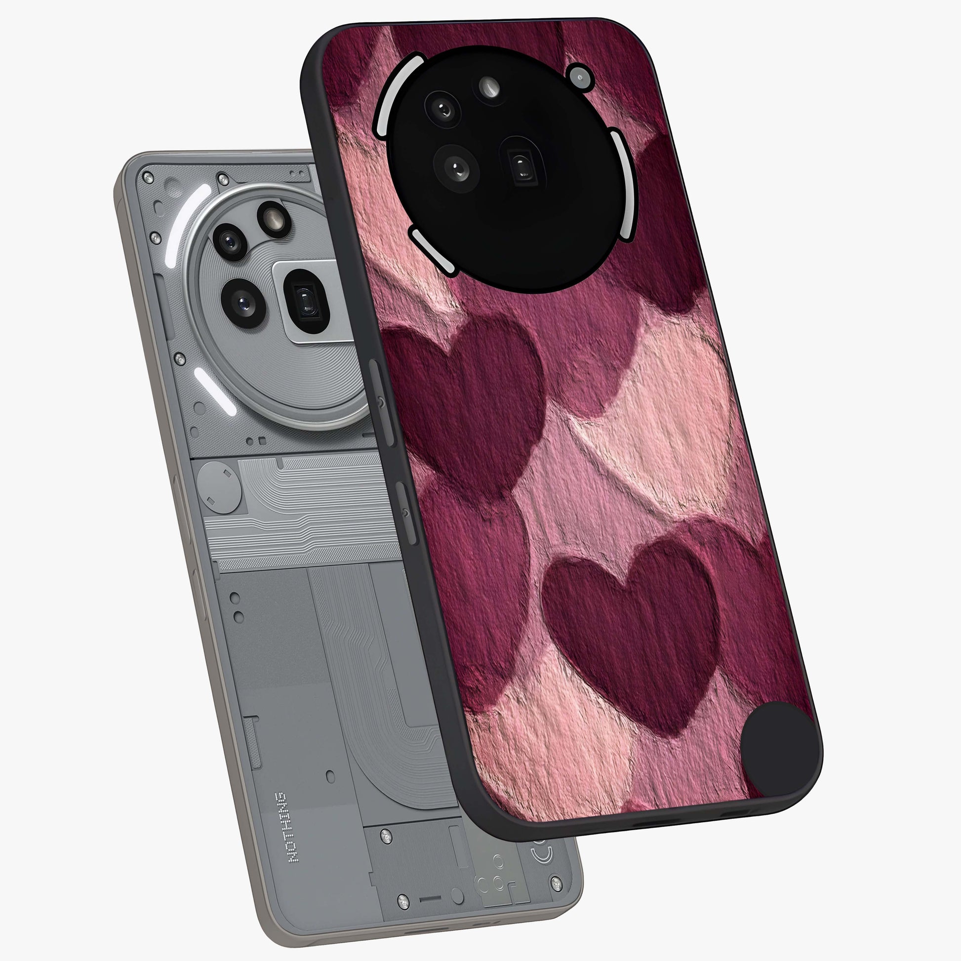 Layered Paper Hearts Glass Case displayed in angled mockup highlighting creative paper craft heart design with romantic aesthetic.