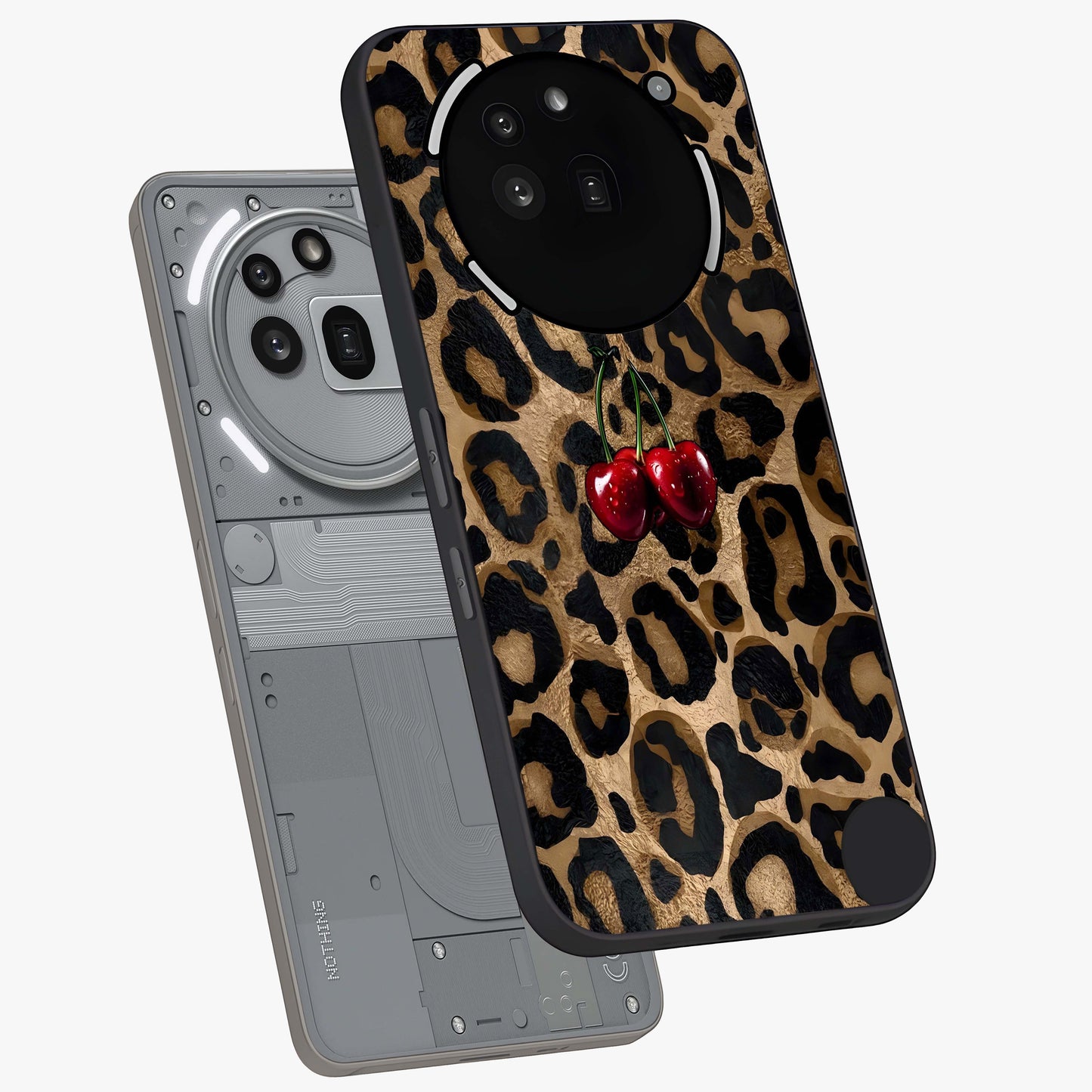 Leopard Wild Cherry Glass Case displayed in angled mockup highlighting bold animal print design with playful cherry aesthetic.