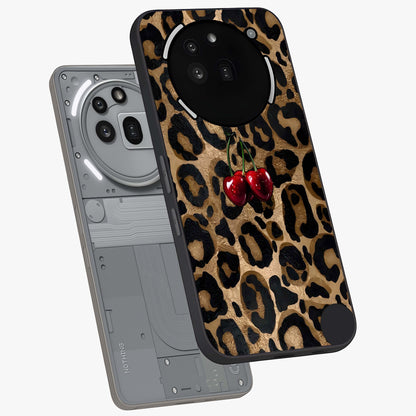 Leopard Wild Cherry Glass Case displayed in angled mockup highlighting bold animal print design with playful cherry aesthetic.