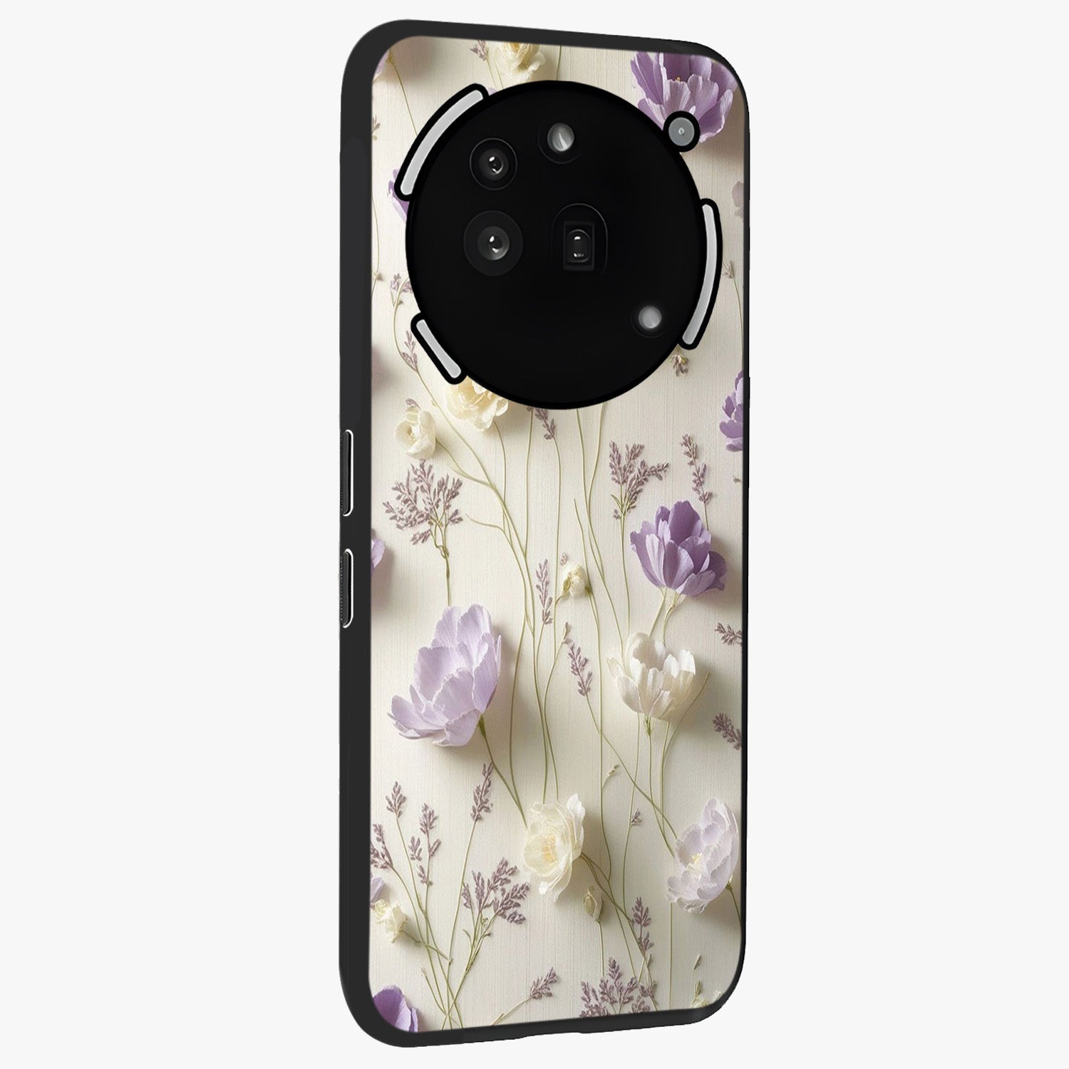 Lilac Breeze Harmony Glass Case upright view showcasing delicate lilac artwork with peaceful floral theme.