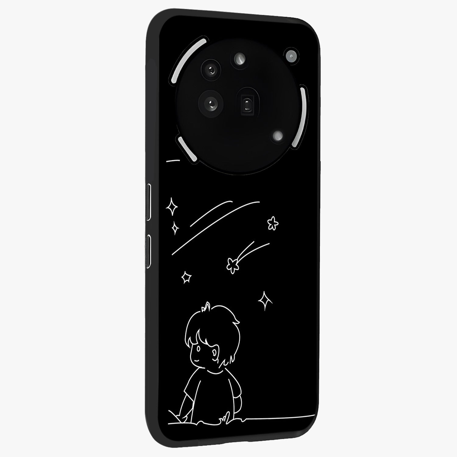 Line Art Boy With Shooting Stars Glass Case upright view showcasing artistic shooting star illustration with minimal style.