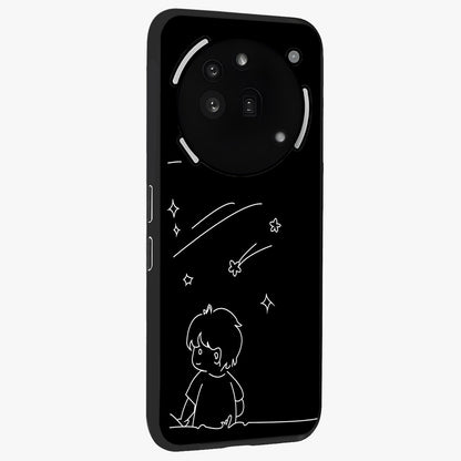 Line Art Boy With Shooting Stars Glass Case upright view showcasing artistic shooting star illustration with minimal style.