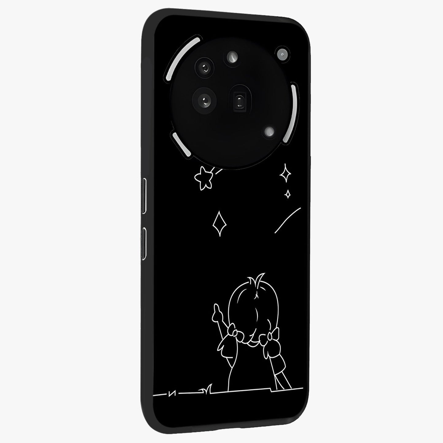 Line Art Girl With Shooting Stars Glass Case upright view showcasing delicate shooting stars artwork with minimal artistic theme.