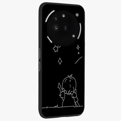 Line Art Girl With Shooting Stars Glass Case upright view showcasing delicate shooting stars artwork with minimal artistic theme.
