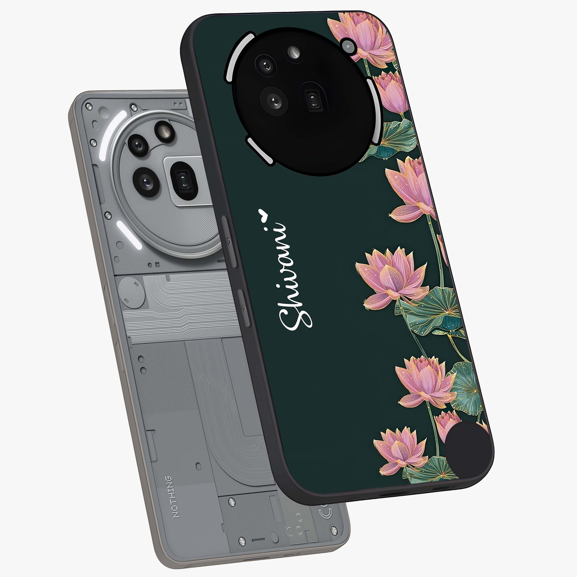 Lotus Bloom Serenity Custom Name Glass Case displayed in angled mockup highlighting graceful lotus illustration with custom name feature.