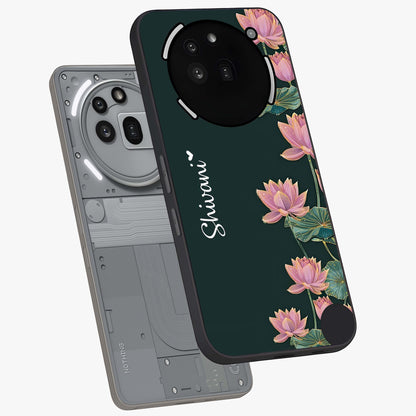 Lotus Bloom Serenity Custom Name Glass Case displayed in angled mockup highlighting graceful lotus illustration with custom name feature.
