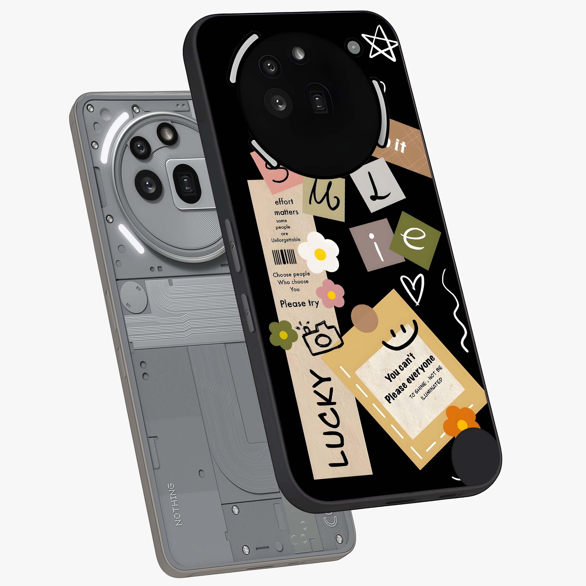 Lucky Aesthetic Collage Glass Case displayed in angled mockup highlighting stylish collage pattern with modern aesthetic vibe.