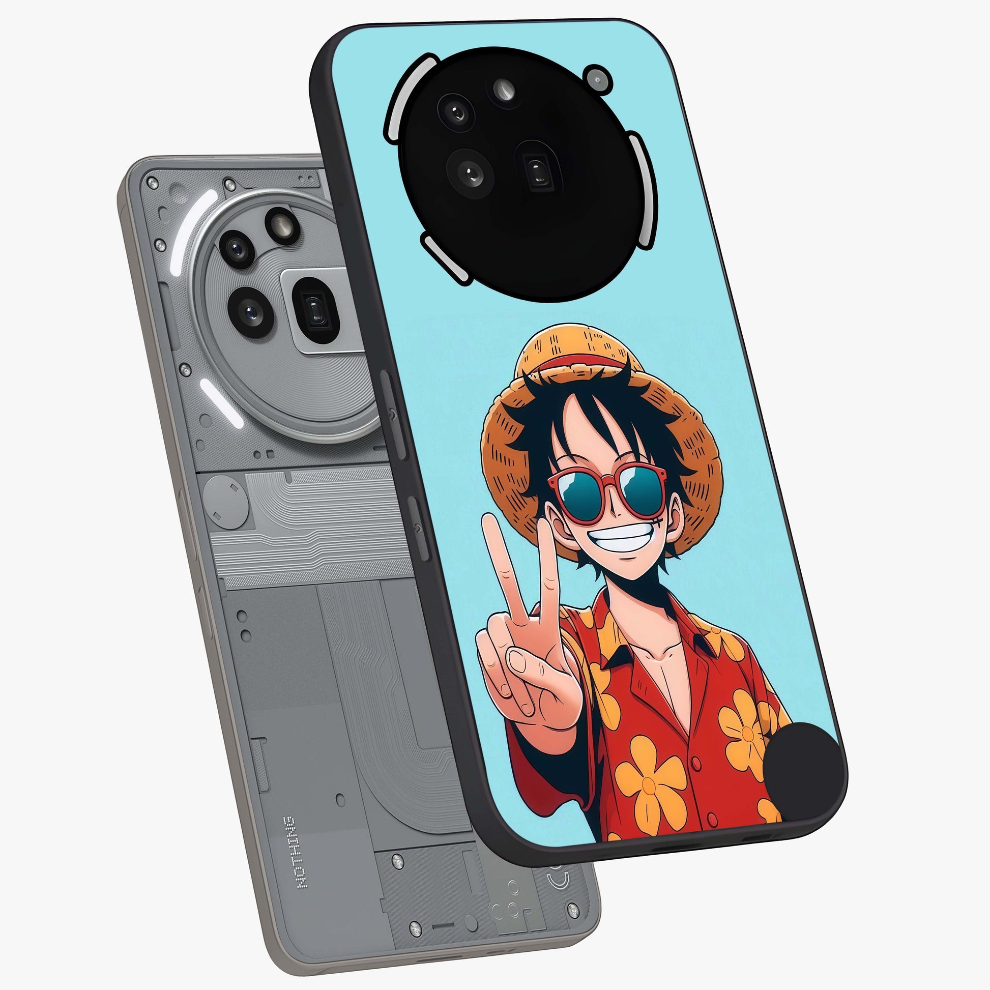 Luffy Summer Anime Vibe Glass Case displayed in angled mockup highlighting energetic anime illustration with summer vibe aesthetic.