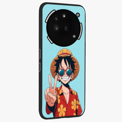 Luffy Summer Anime Vibe Glass Case upright view showcasing dynamic anime artwork with bright adventurous theme.
