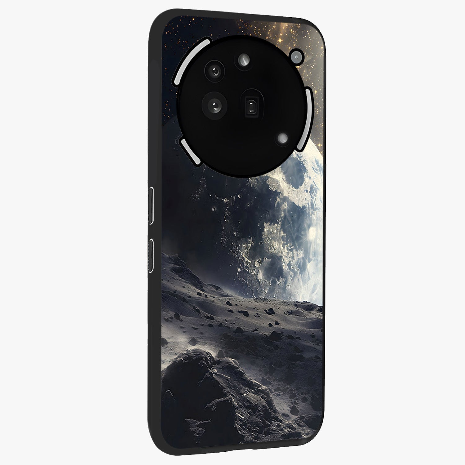 Lunar Horizon Glow Glass Case upright view showcasing radiant lunar artwork with calm cosmic theme.