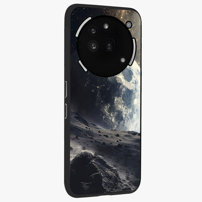 Lunar Horizon Glow Glass Case upright view showcasing radiant lunar artwork with calm cosmic theme.