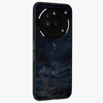 Lunar Veil Silence Glass Case upright view showcasing calm moon themed artwork with serene night atmosphere.