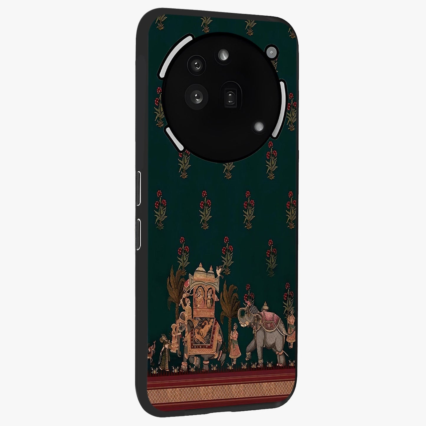Macmerise Glass Case upright view showcasing bold artistic artwork with contemporary design theme.