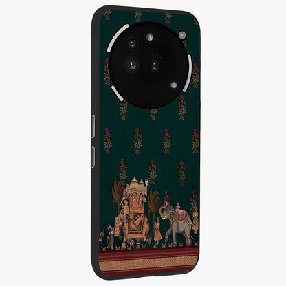 Macmerise Glass Case upright view showcasing bold artistic artwork with contemporary design theme.