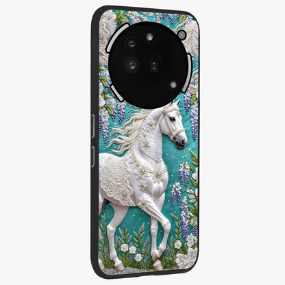 Majestic Floral Stallion Glass Case upright view showcasing dramatic horse artwork with decorative floral theme.