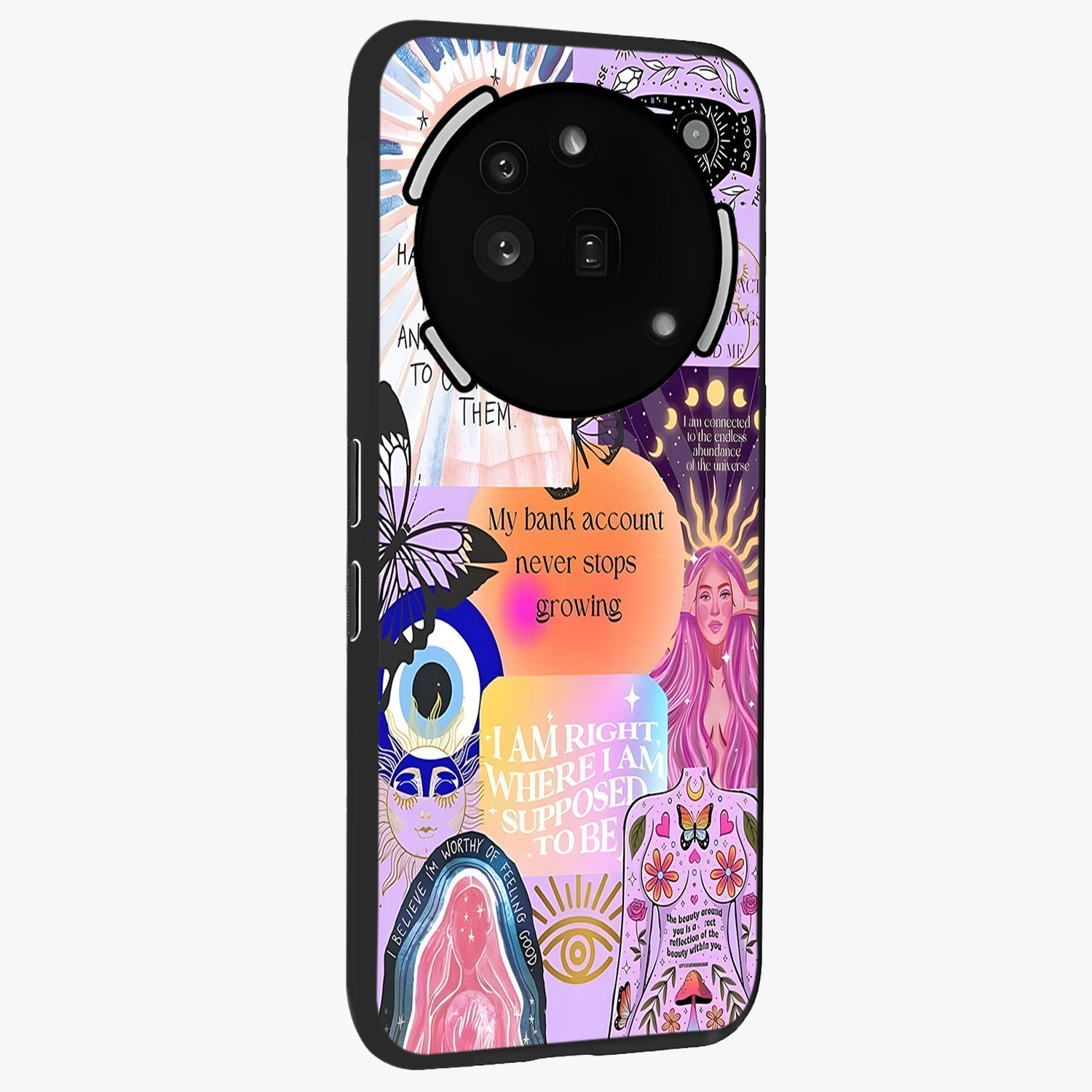 Manifestation Collage Glass Case upright view showcasing artistic manifestation themed artwork with creative style.