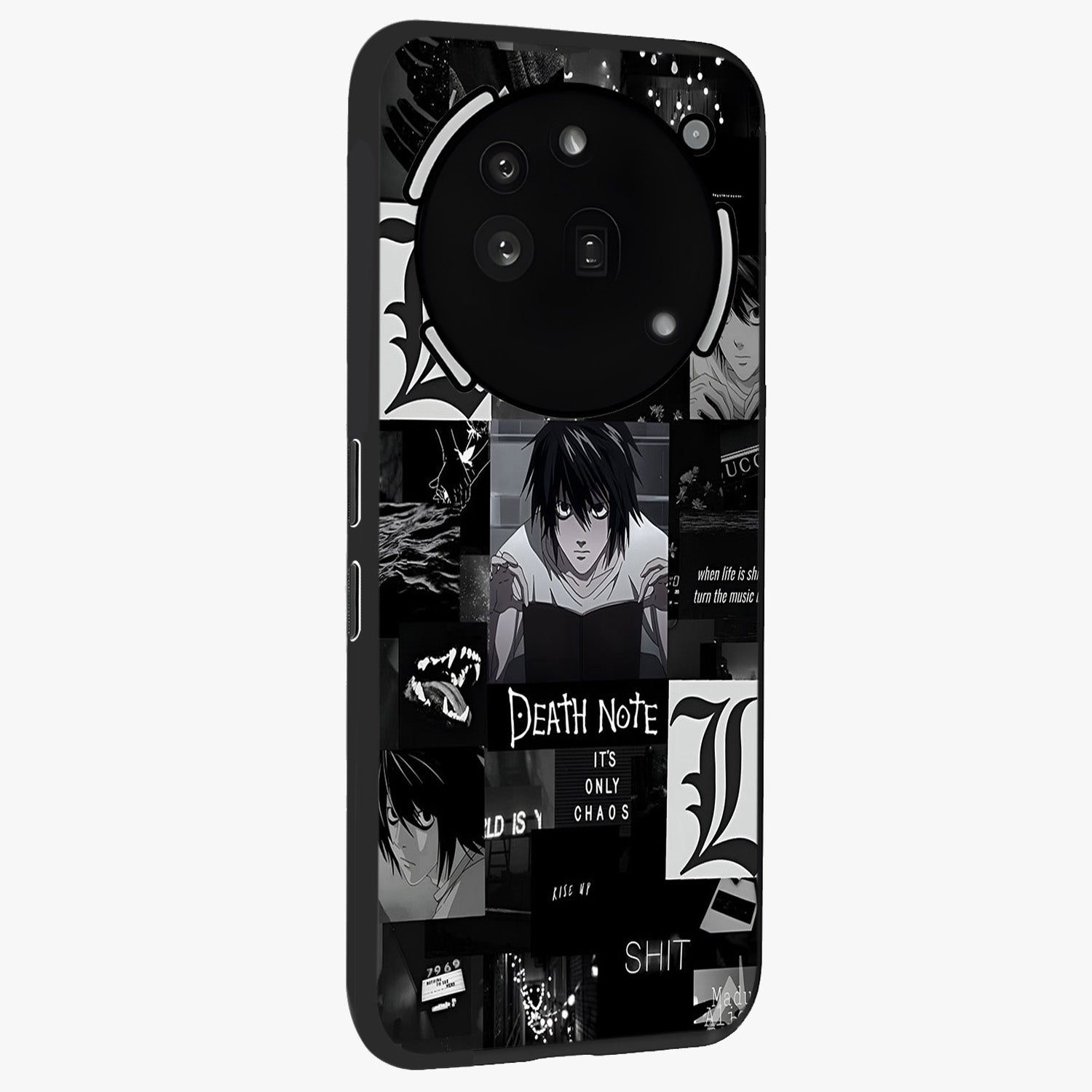 Midnight Chaos Mind Glass Case upright view showcasing expressive abstract artwork with bold dark theme.