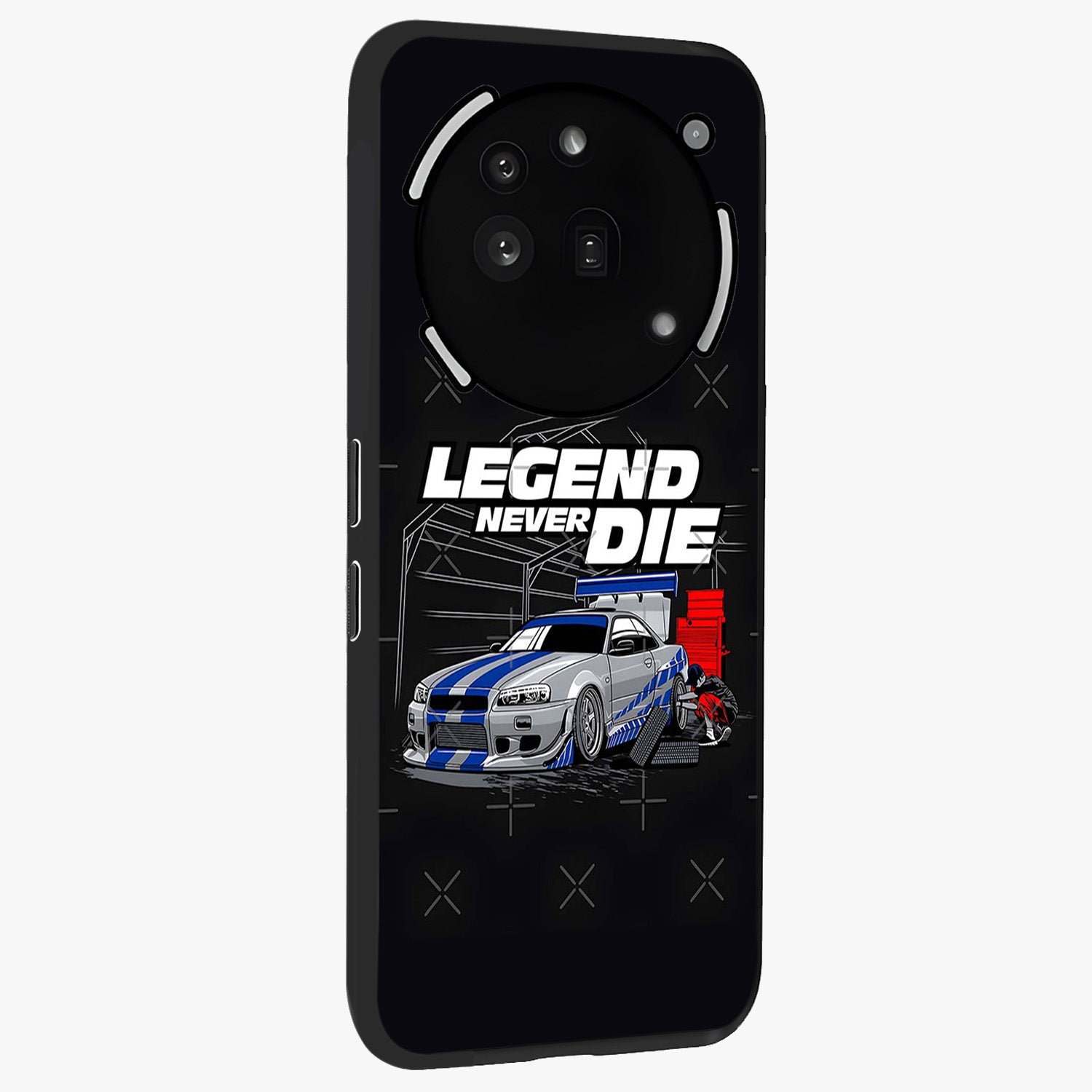 Midnight Racing Legacy Glass Case upright view showcasing powerful racing artwork with modern sports theme.